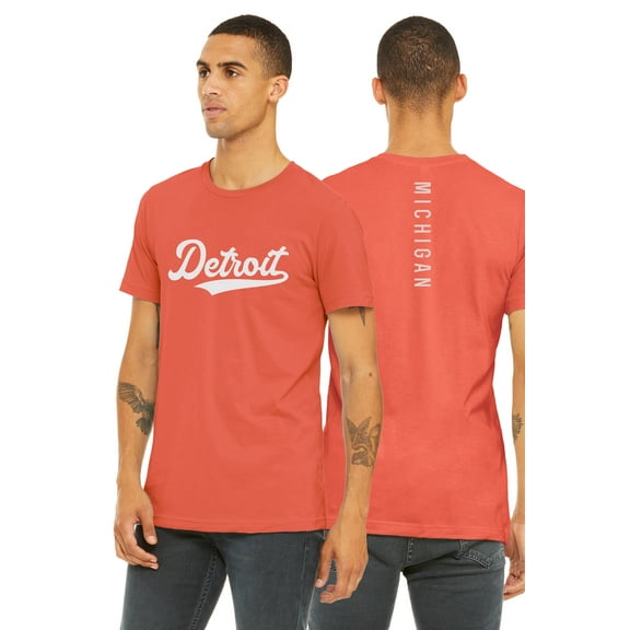 Daxton Adult Unisex Tshirt Detroit Script with Michigan Vertical on the Back, Coral White, M