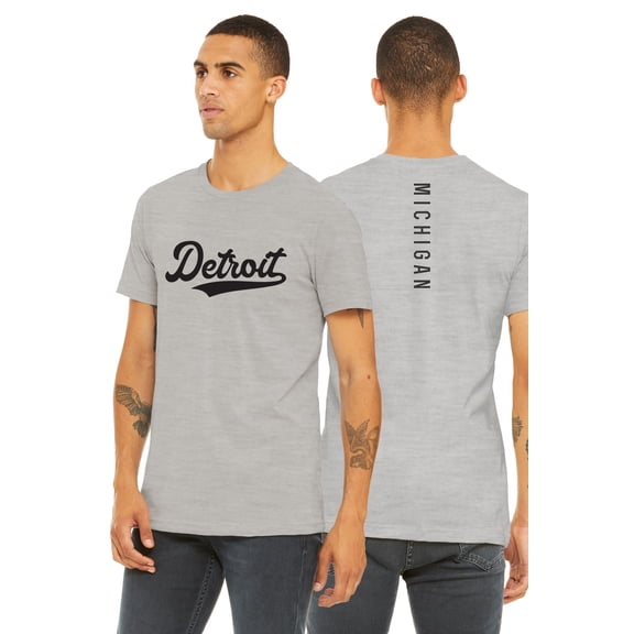 Daxton Adult Unisex Tshirt Detroit Script with Michigan Vertical on the Back, Heather Gray Black, 2XL