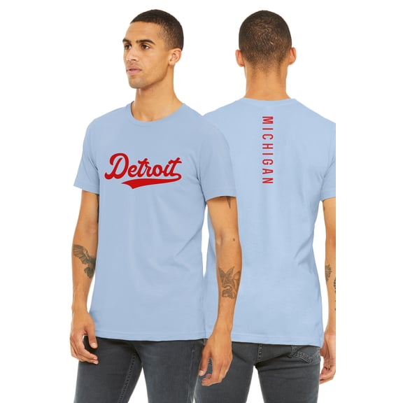Daxton Adult Unisex Tshirt Detroit Script with Michigan Vertical on the Back, Light Blue Red, 3XL