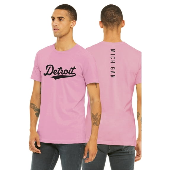 Daxton Adult Unisex Tshirt Detroit Script with Michigan Vertical on the Back, Pink Black, XS