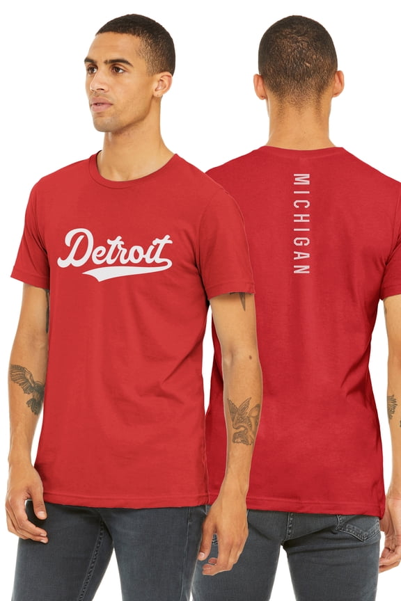 Adult Unisex Tshirt Detroit Script with Michigan Vertical on the Back, Red White, L