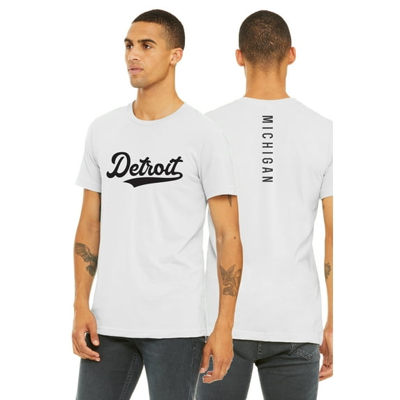 Daxton Adult Unisex Tshirt Detroit Script with Michigan Vertical on the Back, White Black, M