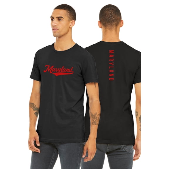 Daxton Adult Unisex Tshirt Maryland Script with Vertical on the Back, Black Red, XS