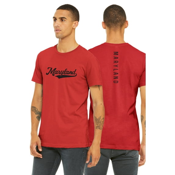 Daxton Adult Unisex Tshirt Maryland Script with Vertical on the Back, Red Black, S