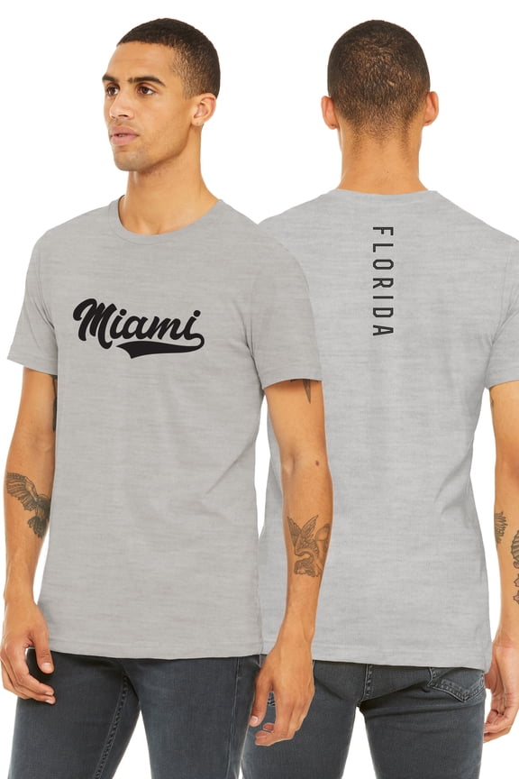 Adult Unisex Tshirt Miami Script with Florida Vertical on the Back, Heather Gray Black, S