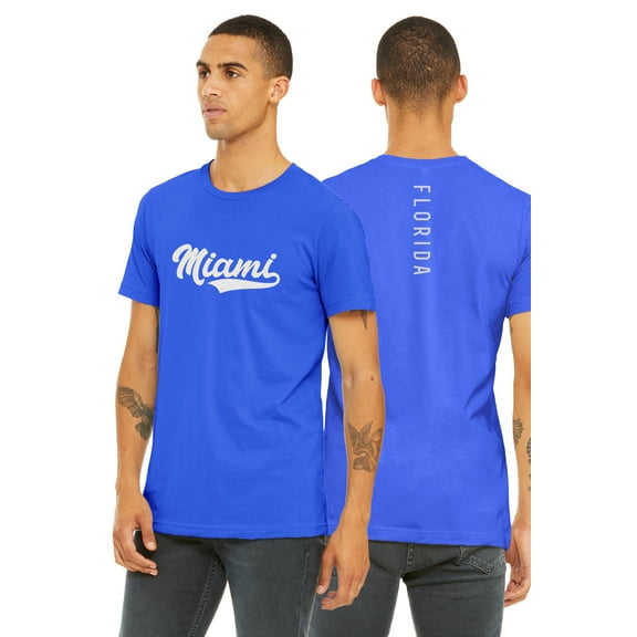 Daxton Adult Unisex Tshirt Miami Script with Florida Vertical on the Back, Royal White, L