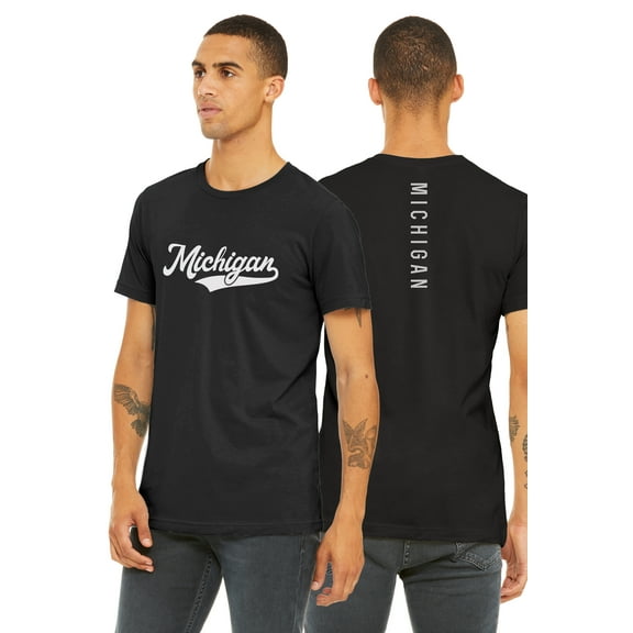 Daxton Adult Unisex Tshirt Michigan Script with Vertical on the Back, Black White, S
