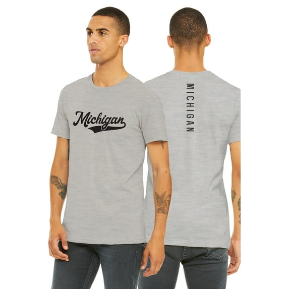 Daxton Adult Unisex Tshirt Michigan Script with Vertical on the Back, Heather Gray Black, S