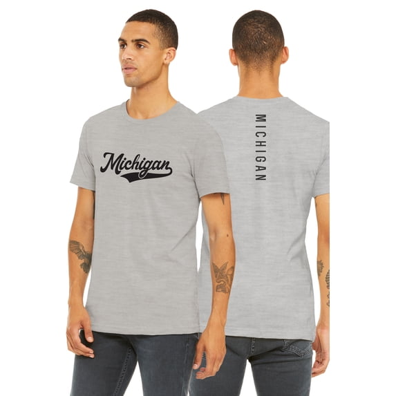 Daxton Adult Unisex Tshirt Michigan Script with Vertical on the Back, Heather Gray Black, XS