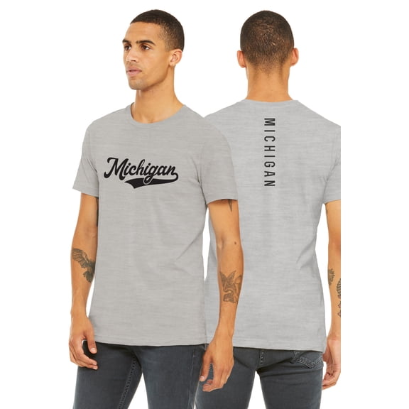 Daxton Adult Unisex Tshirt Michigan Script with Vertical on the Back, Heather Gray Black, XS