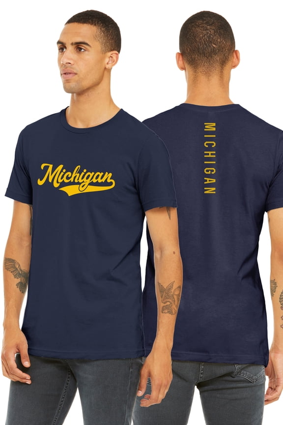 Adult Unisex Tshirt Michigan Script with Vertical on the Back, Navy Gold, L