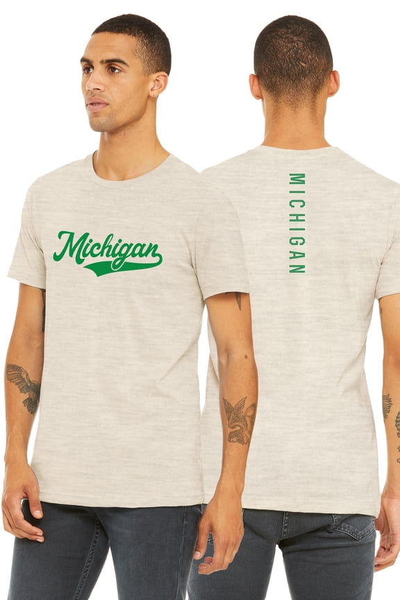 Adult Unisex Tshirt Michigan Script with Vertical on the Back, Oat Kelly Green, 3XL