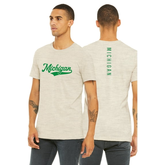 Daxton Adult Unisex Tshirt Michigan Script with Vertical on the Back, Oat Kelly Green, M