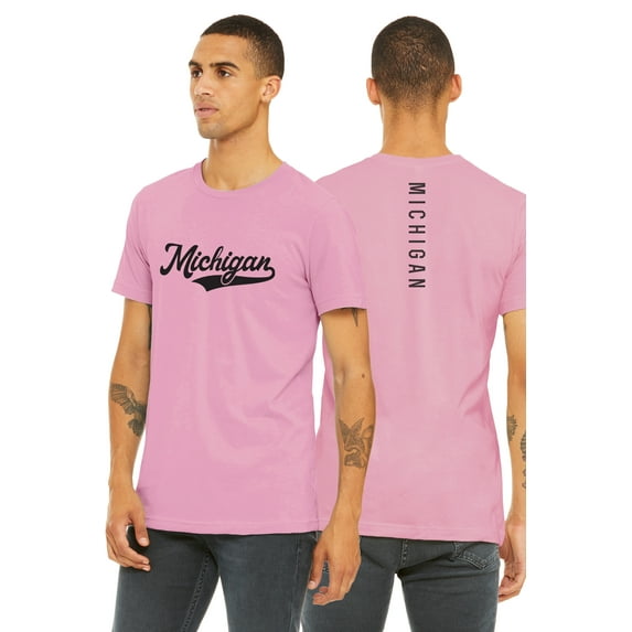 Daxton Adult Unisex Tshirt Michigan Script with Vertical on the Back, Pink Black, L