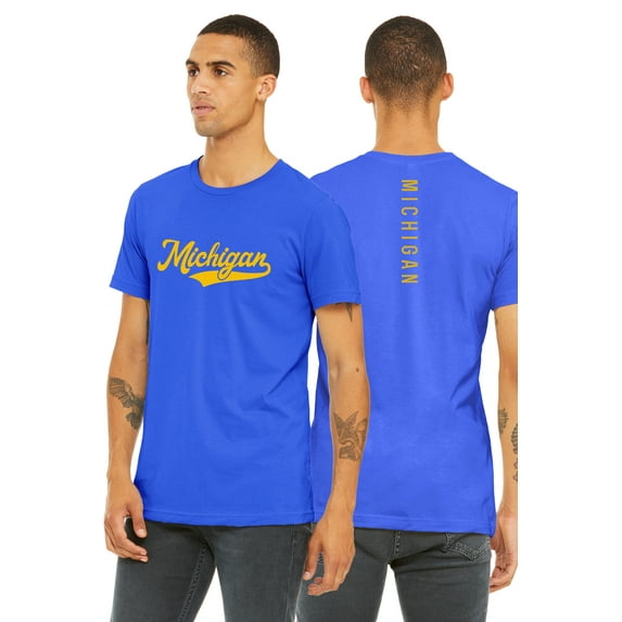 Daxton Adult Unisex Tshirt Michigan Script with Vertical on the Back, Royal Gold, XS