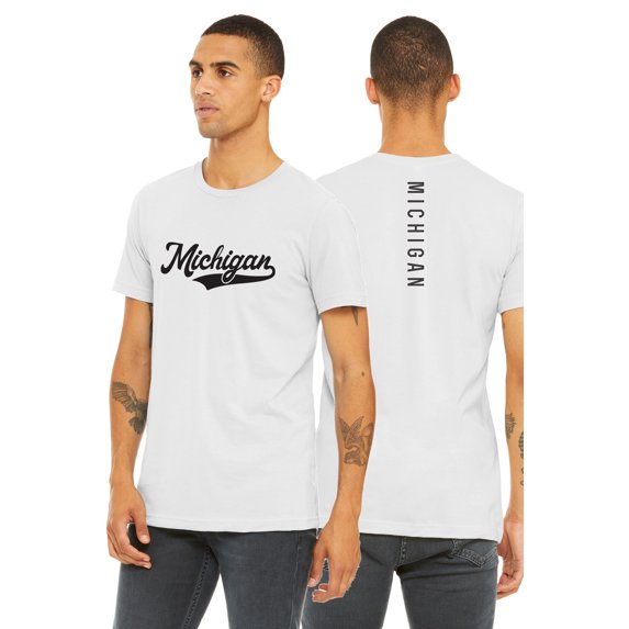 Daxton Adult Unisex Tshirt Michigan Script with Vertical on the Back, White Black, L
