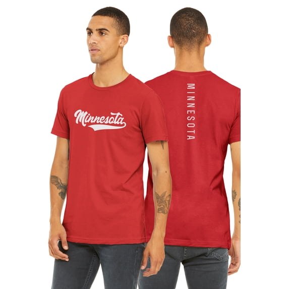 Daxton Adult Unisex Tshirt Minnesota Script with Vertical on the Back, Red White, 2XL