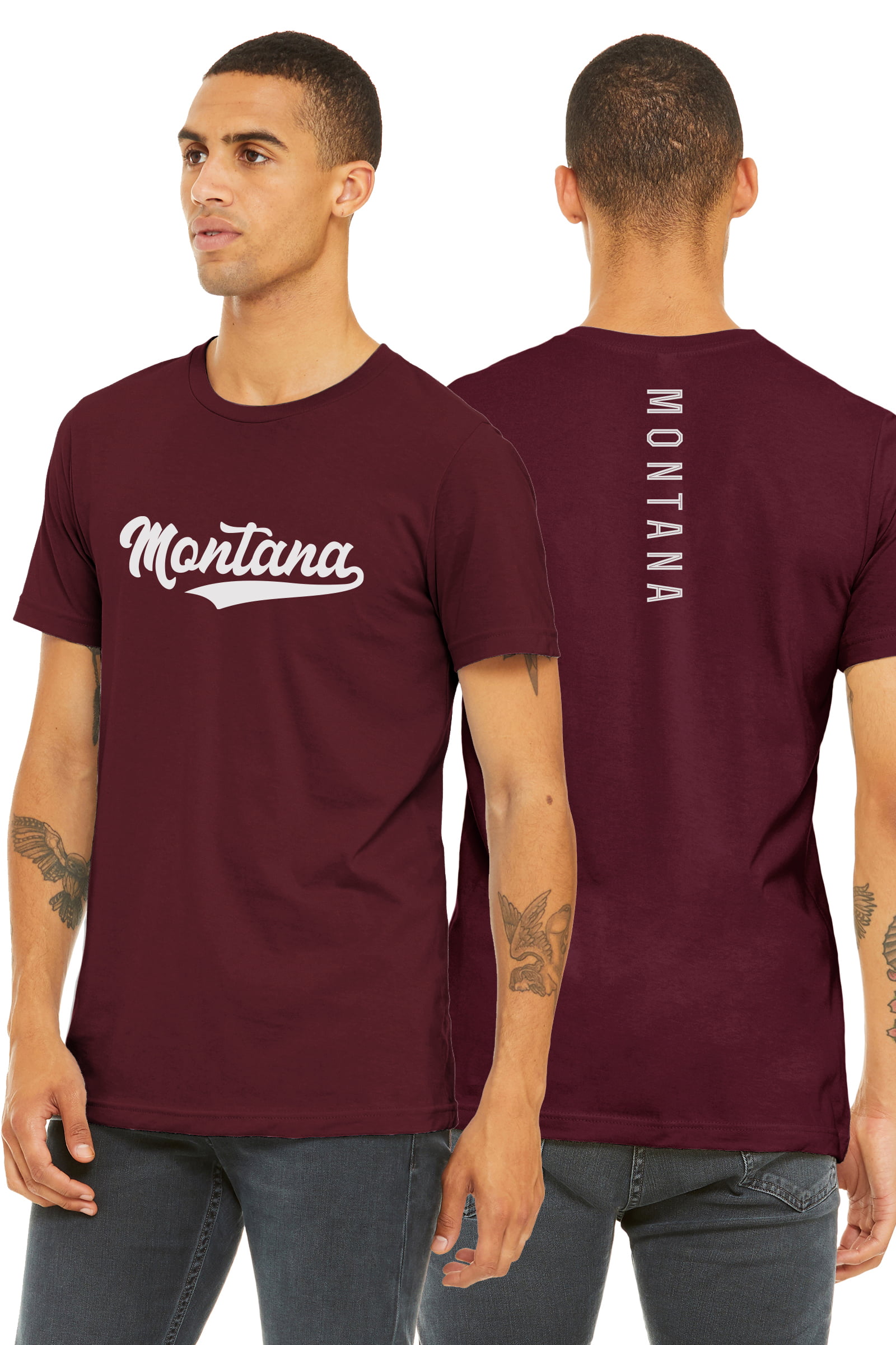 Daxton Adult Unisex Tshirt Montana Script with Vertical on the Back,  Burgundy White, M 