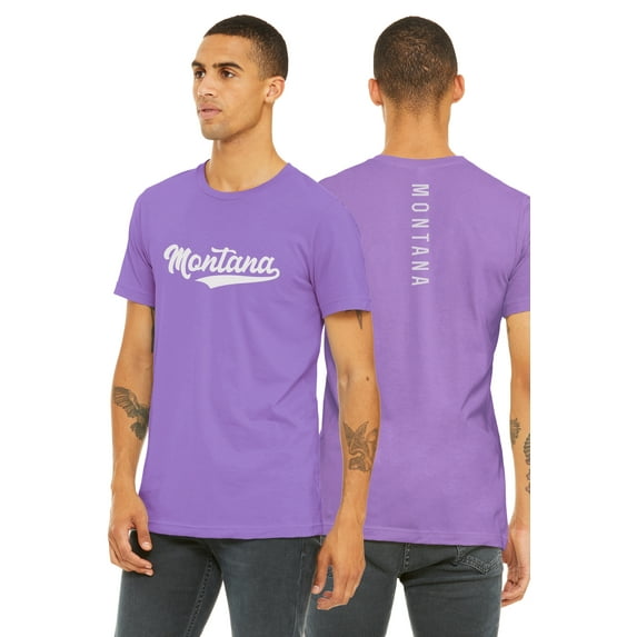 Daxton Adult Unisex Tshirt Montana Script with Vertical on the Back, Fig Purple White, L