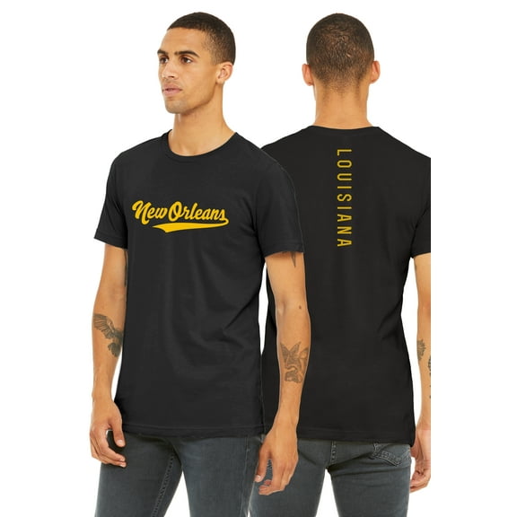 Daxton Adult Unisex Tshirt New Orleans Script with Louisiana Vertical on the Back, Black Gold, L