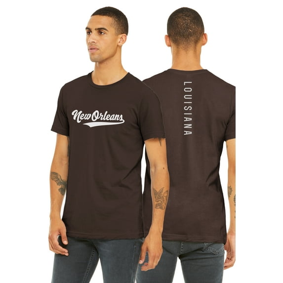 Daxton Adult Unisex Tshirt New Orleans Script with Louisiana Vertical on the Back, Brown White, M