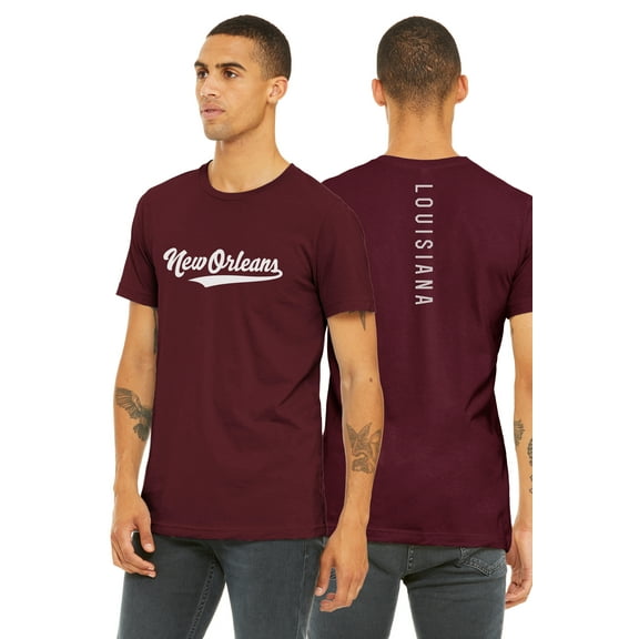 Daxton Adult Unisex Tshirt New Orleans Script with Louisiana Vertical on the Back, Burgundy White, XS