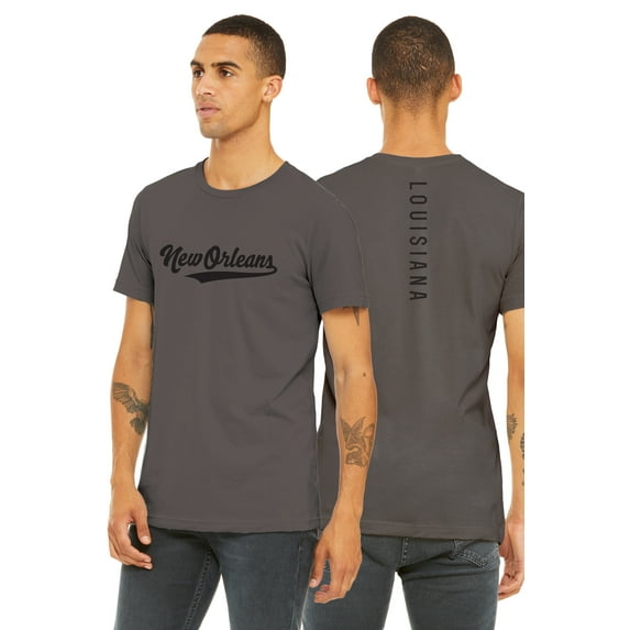 Daxton Adult Unisex Tshirt New Orleans Script with Louisiana Vertical on the Back, Chacoal Black, L