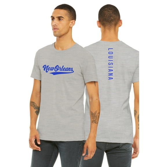 Daxton Adult Unisex Tshirt New Orleans Script with Louisiana Vertical on the Back, Hgray Royal, 2XL