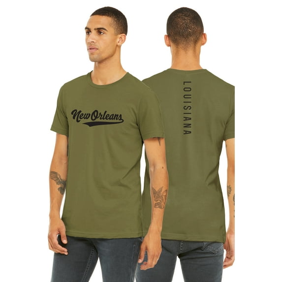 Daxton Adult Unisex Tshirt New Orleans Script with Louisiana Vertical on the Back, Olive Black, 2XL