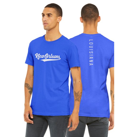 Daxton Adult Unisex Tshirt New Orleans Script with Louisiana Vertical on the Back, Royal White, 2XL