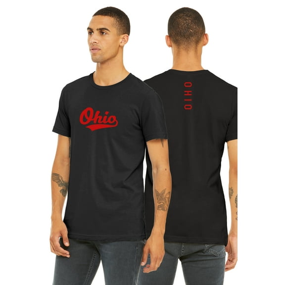 Daxton Adult Unisex Tshirt Ohio Script with Vertical on the Back, Black Red, 2XL