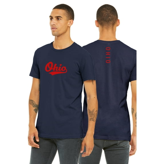 Daxton Adult Unisex Tshirt Ohio Script with Vertical on the Back, Navy Red, XS