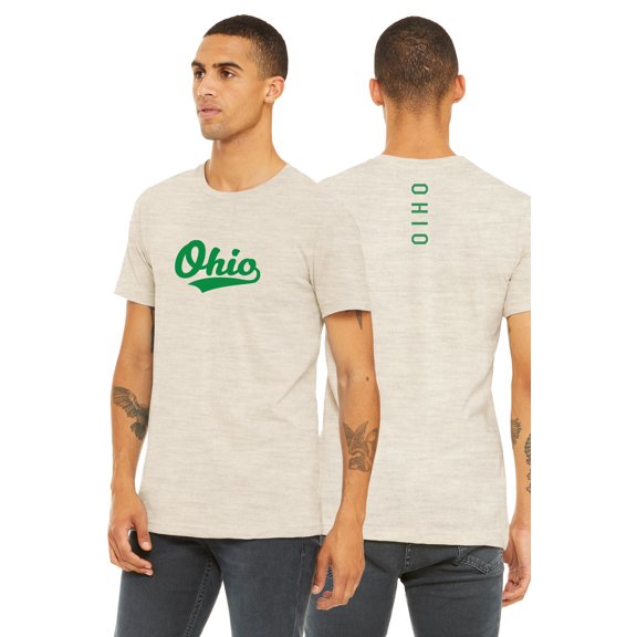 Daxton Adult Unisex Tshirt Ohio Script with Vertical on the Back, Oatmeal Kelly Green, XL