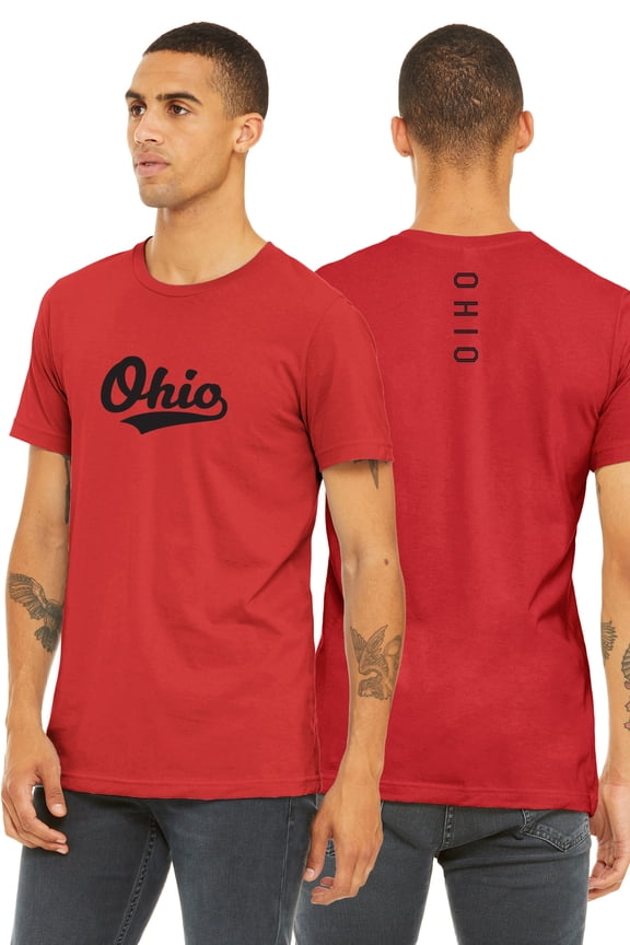 Adult Unisex Tshirt Ohio Script with Vertical on the Back, Red Black, 3XL