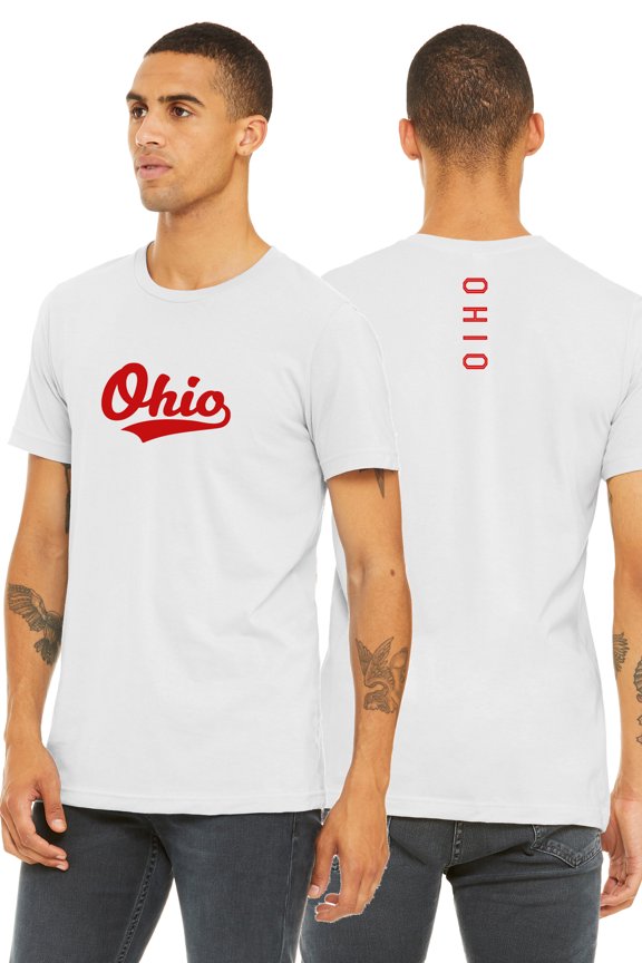 Adult Unisex Tshirt Ohio Script with Vertical on the Back, White Red, 2XL