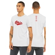 Daxton Adult Unisex Tshirt Ohio Script with Vertical on the Back, White Red, XS