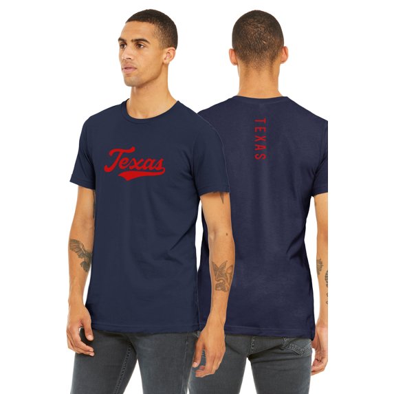 Daxton Adult Unisex Tshirt Texas Script with Vertical on the Back, Navy Red, 2XL