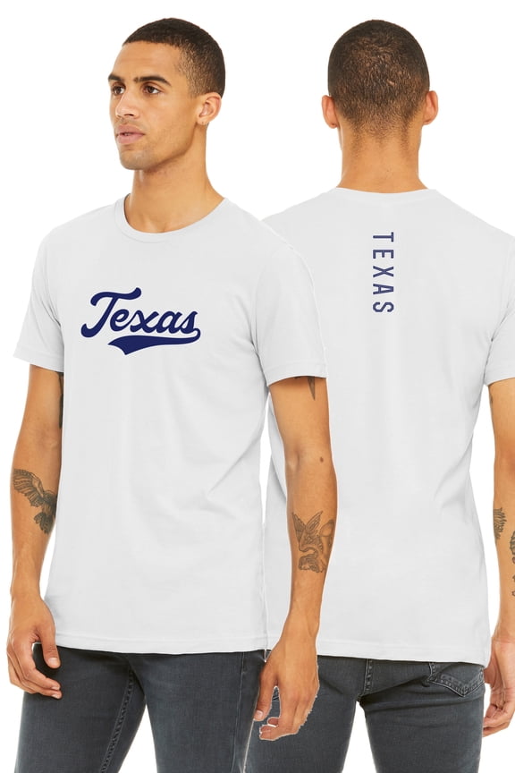 Adult Unisex Tshirt Texas Script with Vertical on the Back, White Navy, XL