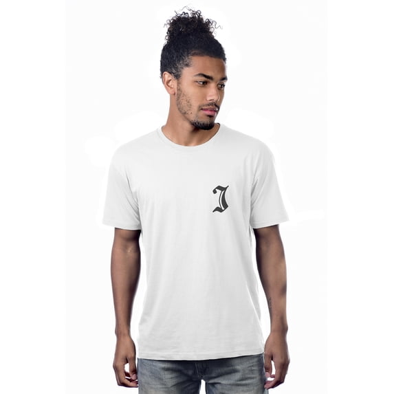 Daxton Adult Unisex White Tshirt Custom Black Old English Numbers and Letters, Letter I, XSmall