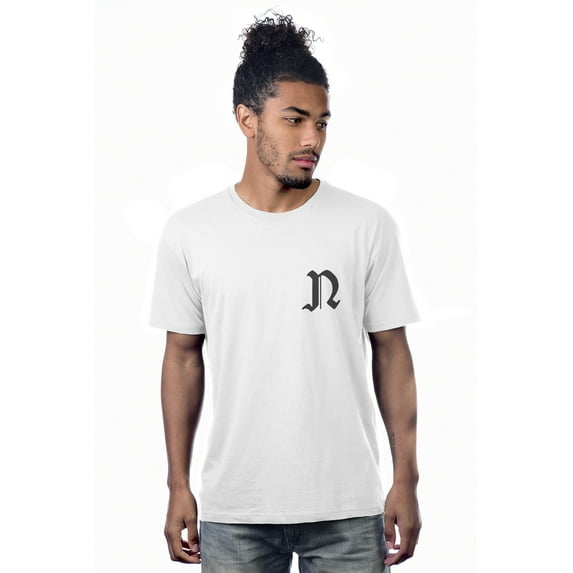 Daxton Adult Unisex White Tshirt Custom Black Old English Numbers and Letters, Letter N, Small