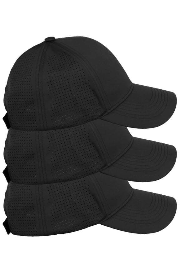Air Cool Tech Hat Ventilated Micro Holes Structured High Profile Baseball Cap 3 Pack - Black,Black,Black