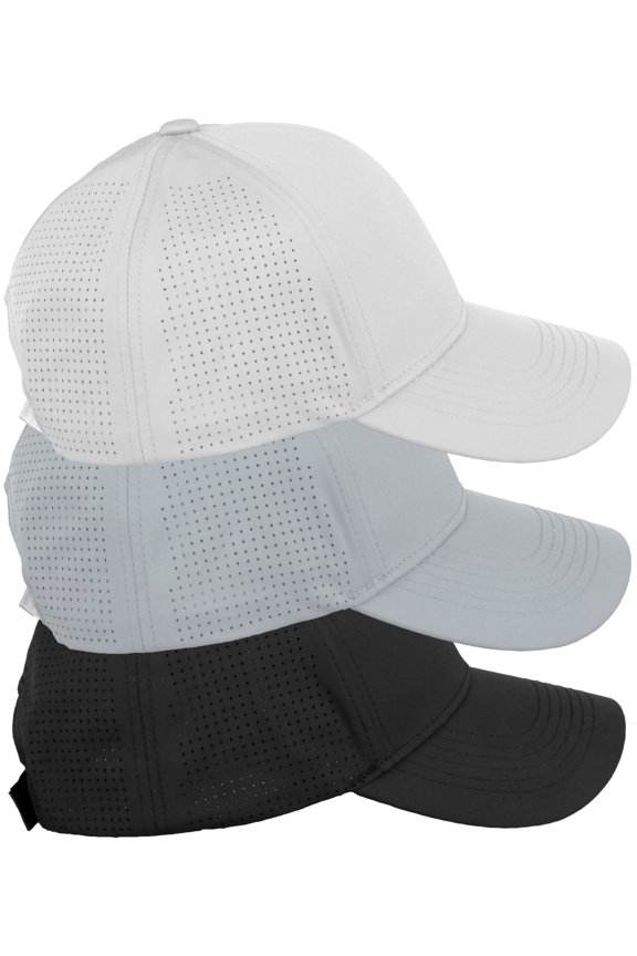 Air Cool Tech Hat Ventilated Micro Holes Structured High Profile Baseball Cap 3 Pack - Black,Light Grey,White
