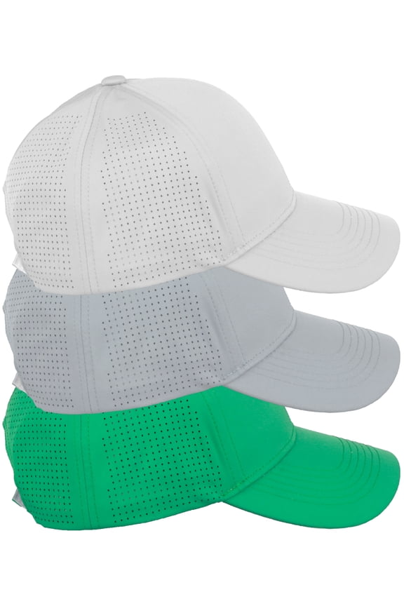 Air Cool Tech Hat Ventilated Micro Holes Structured High Profile Baseball Cap 3 Pack - Green,Light Grey, White