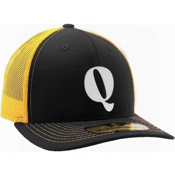 Daxton Baseball Trucker Hat 3D Capital Alphabet Letters Structured Mid Profile Cap, Black Gold Hat, White Letter Q