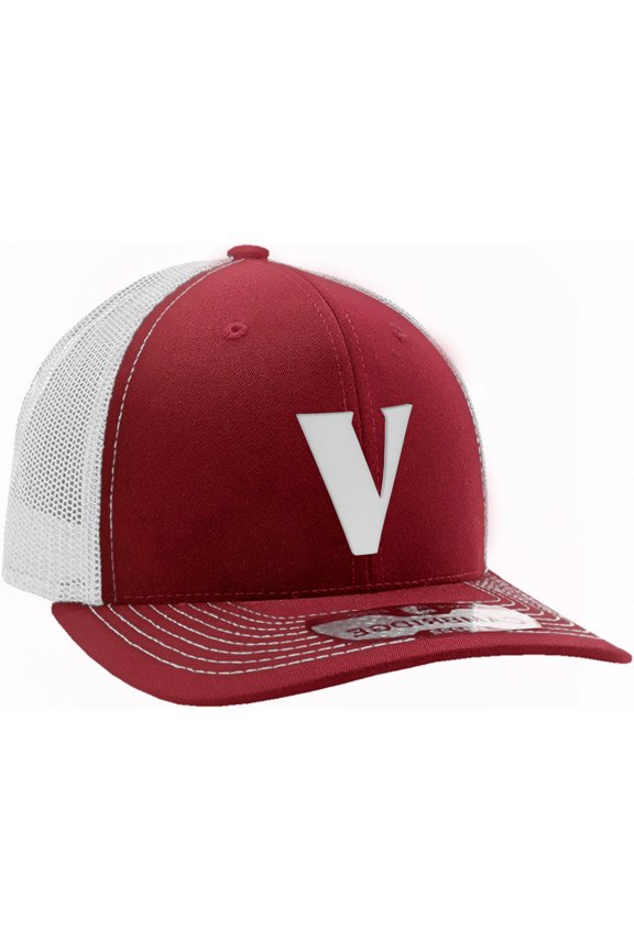 Baseball Trucker Hat 3D Capital Alphabet Letters Structured Mid Profile Cap, Burgundy White Hat, White Letter V