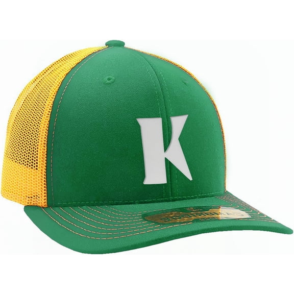 Daxton Baseball Trucker Hat 3D Capital Alphabet Letters Structured Mid Profile Cap, Kelly Gold Hat, White Letter K