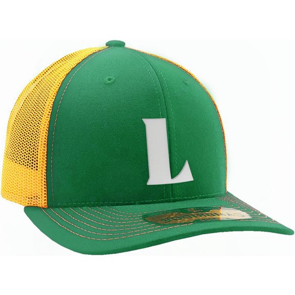 Daxton Baseball Trucker Hat 3D Capital Alphabet Letters Structured Mid Profile Cap, Kelly Gold Hat, White Letter L