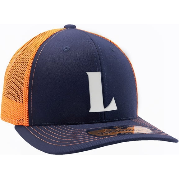 Daxton Baseball Trucker Hat 3D Capital Alphabet Letters Structured Mid Profile Cap, Navy Orange Hat, White Letter L