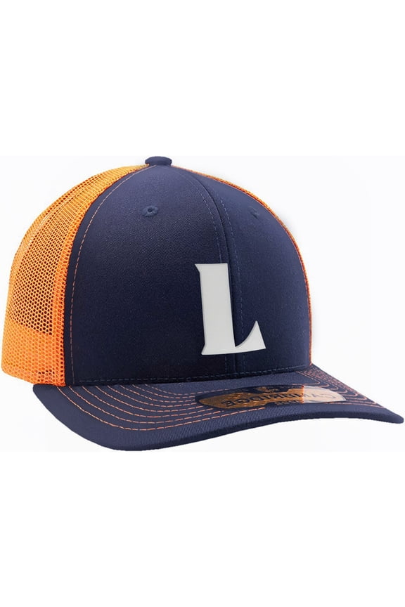 Baseball Trucker Hat 3D Capital Alphabet Letters Structured Mid Profile Cap, Navy Orange Hat, White Letter L