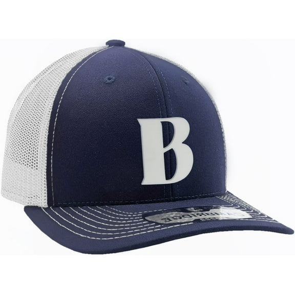 Daxton Baseball Trucker Hat 3D Capital Alphabet Letters Structured Mid Profile Cap, Navy White Hat, White Letter B
